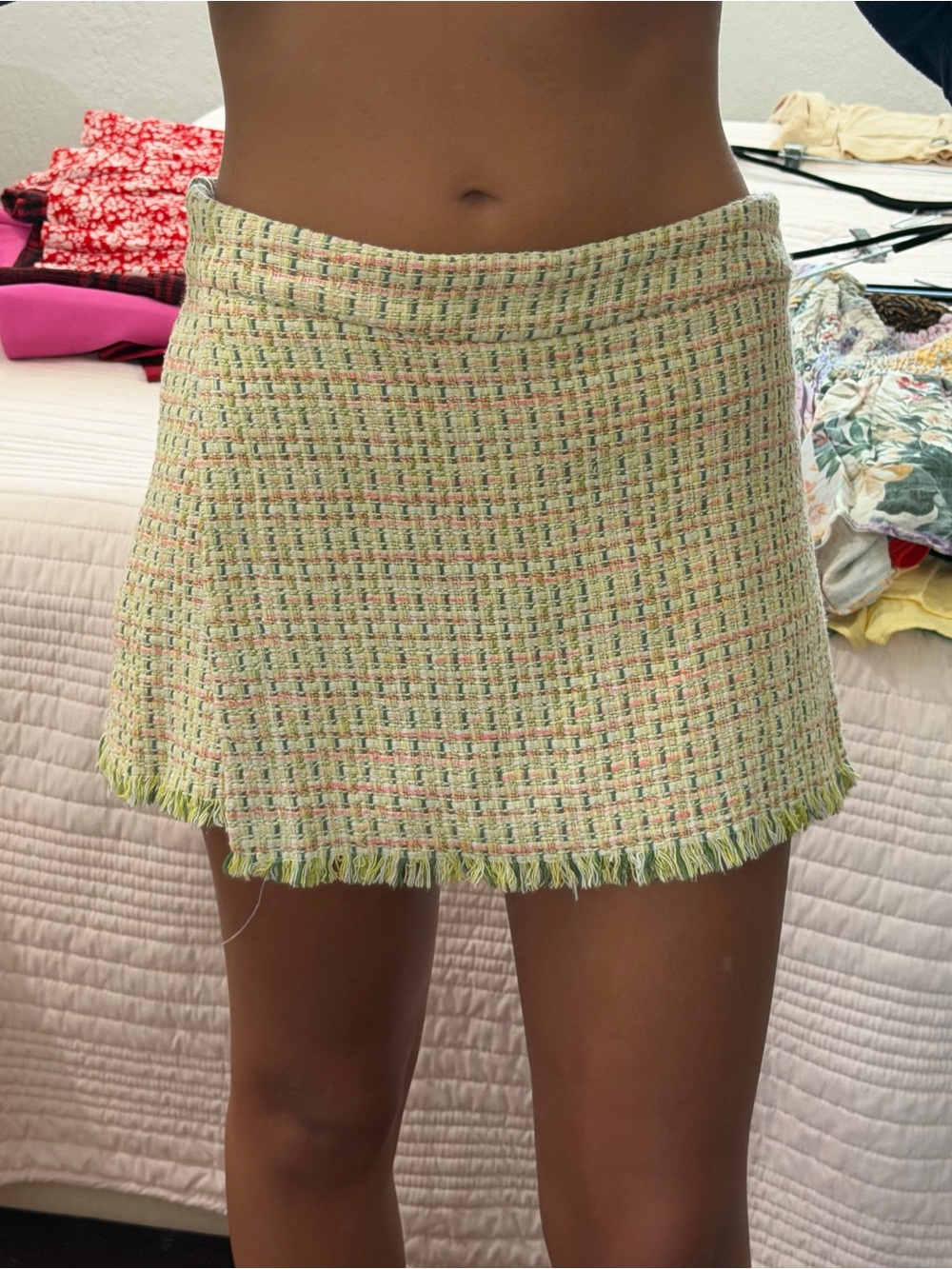 Zara Pastel Tweed Mini Skirt in Mint Green with Fringe